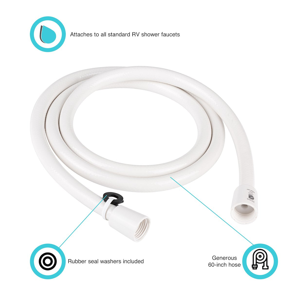 Dura Faucet Shower Head Hose, 60 in Length, White - DF-SA230-WT