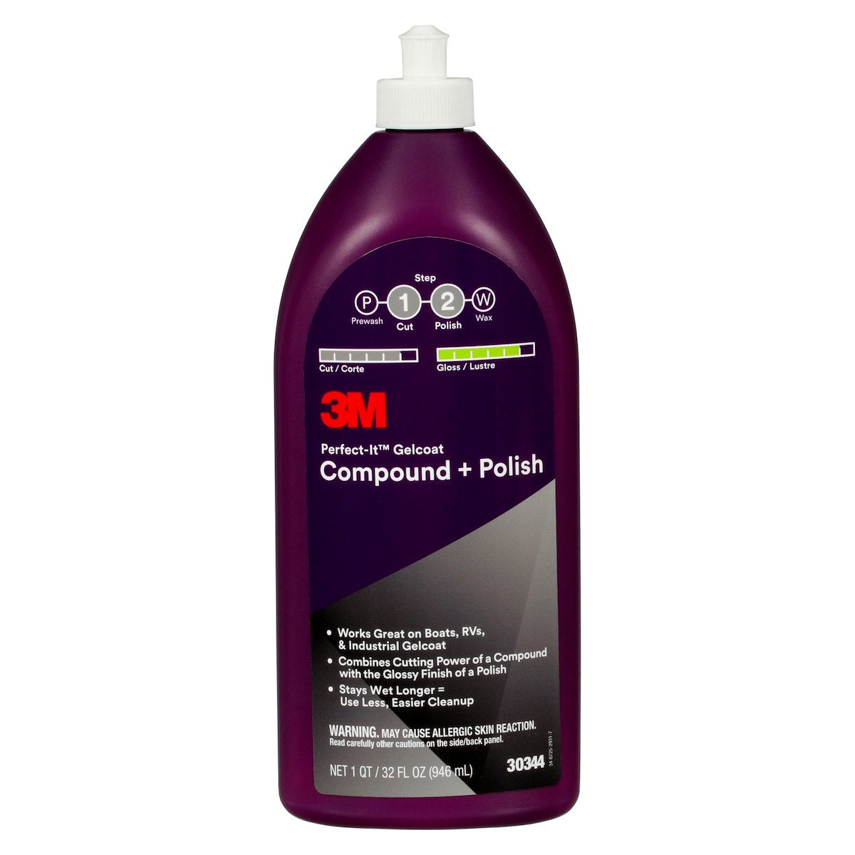 3M Marine Wax, Removes P1000 And Finer Scratches On Gelcoat/Restores High Gloss, 32 oz Bottle - 30344