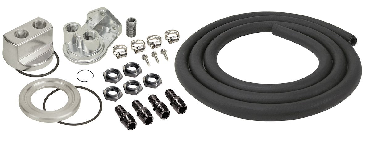 Derale Oil Filter Relocation Kit, Spin-On Adapter, 1/2 in NPT Inlet/Outlet, With Adapter/1/2 in Hose/O-Ring/Clamp/Fittings - 15748