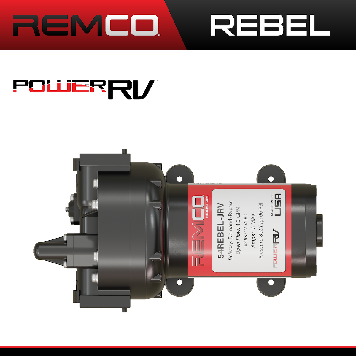 Remco Fresh Water Pump, PowerRV Rebel Series, Self-Priming (Up To 13 ft), 4 gal Per Minute - 54REBEL-JRV