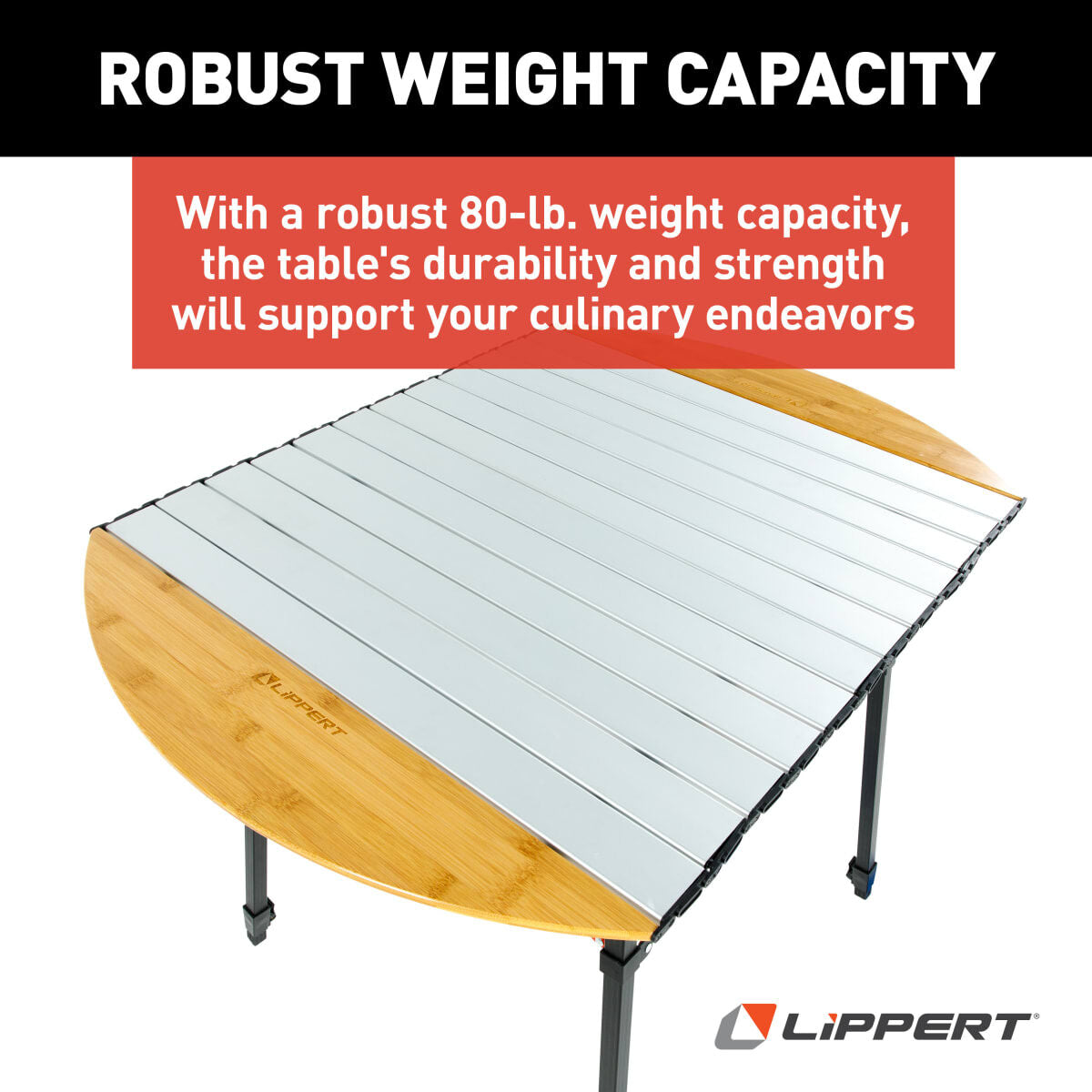 Lippert Table, 80 lb Weight Capacity, Powder Coated Aluminum Frame And Slatted Top With Bamboo Edges - 2023053727