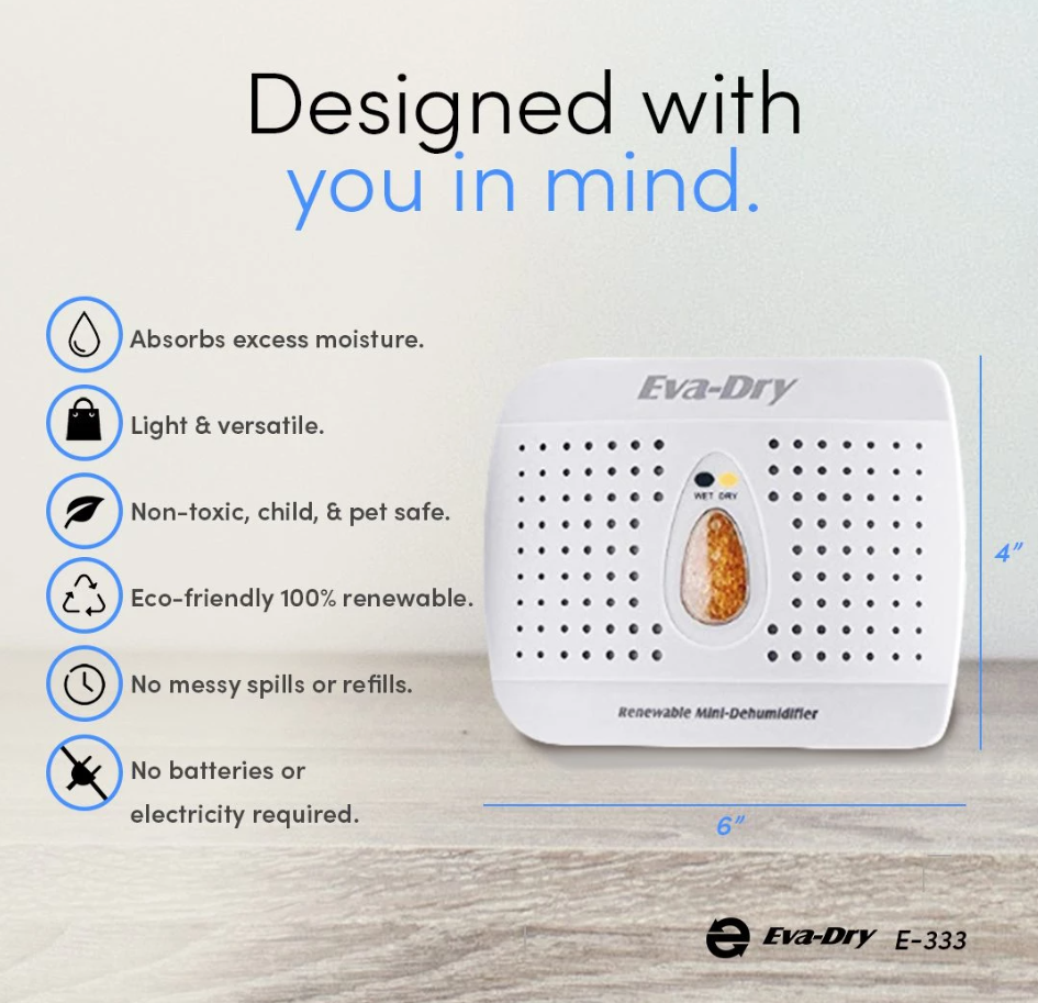 Eva-Dry Dehumidifier, 6-1/4 in Width x 4-3/4 in Height x 1-1/4 in Depth, 4 To 6 oz Moisture Removal Capacity - E-333