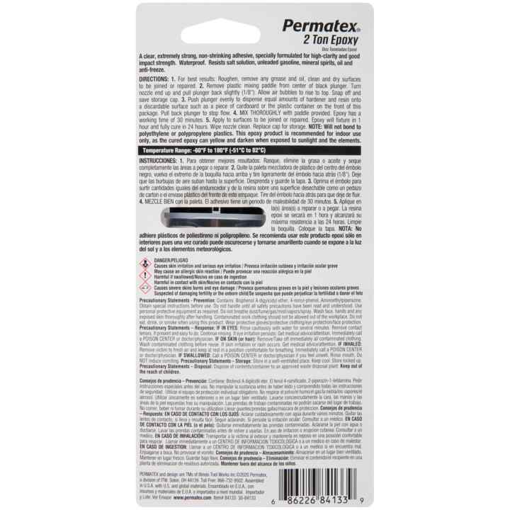 Permatex Epoxy, 2 Ton, 0.84 oz Dual Syringe, Used To Bond Ceramics/Fiberglass Metal Concrete, Pack of 6 - 84133