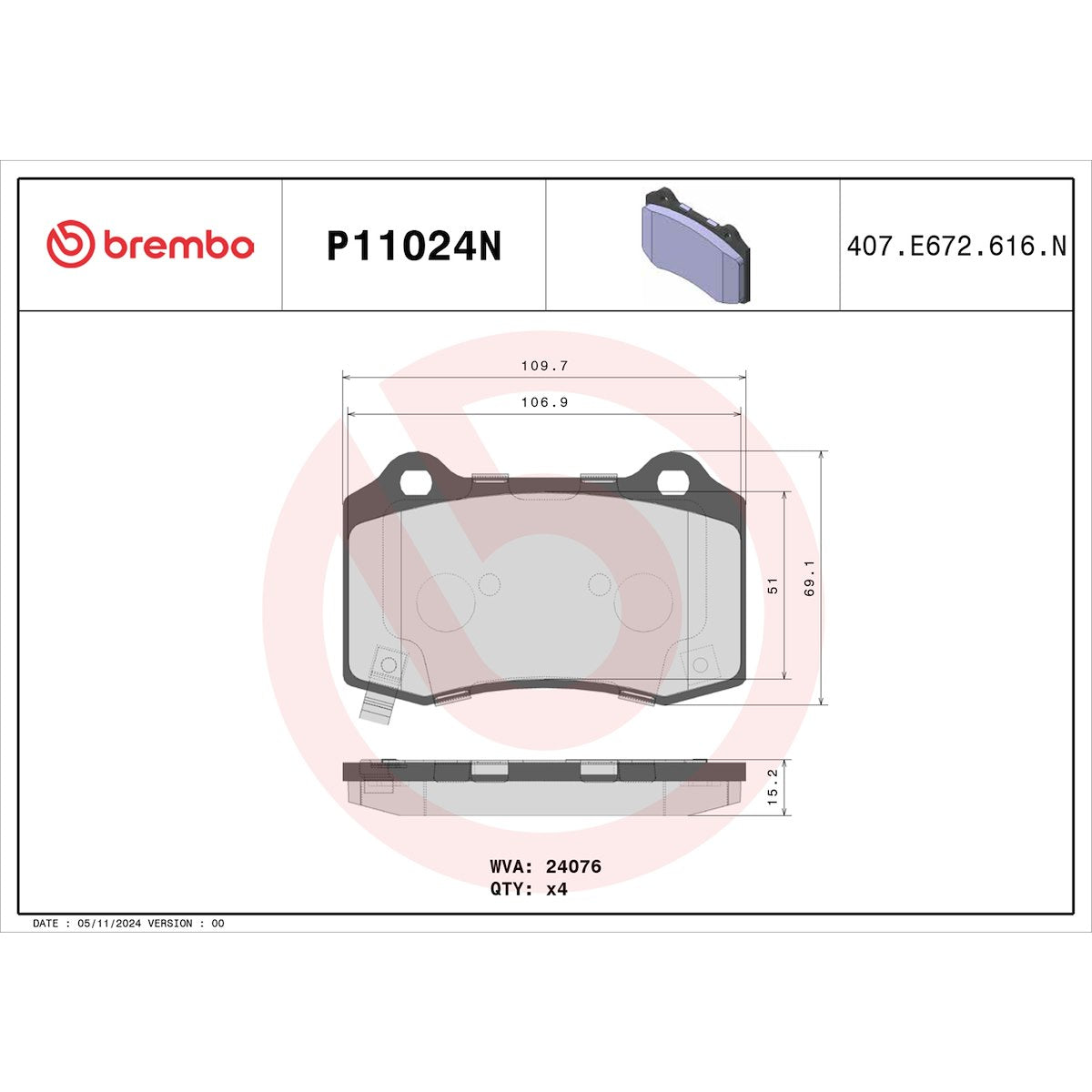 Brembo NAO Ceramic Brake Pad Set of 4 - P11024N