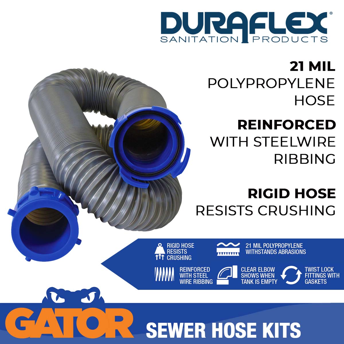 Duraflex Sewer Hose, 20 ft Extended Length, 76 in Compressed Length, 3 in Hose Diameter - 22004