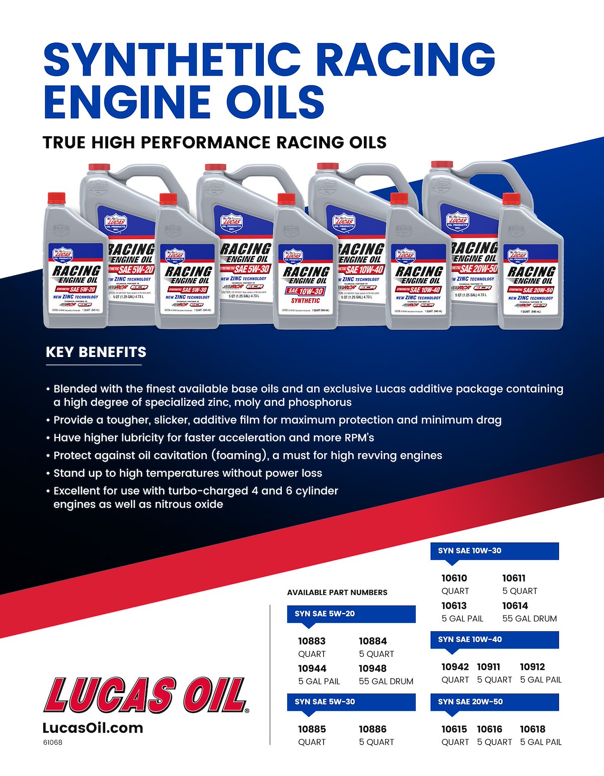 Lucas Oil Oil, SAE 20W-50, 5 qt Jug - 10621