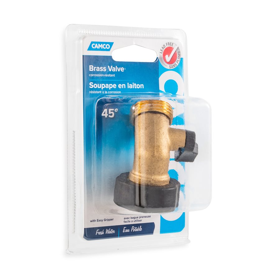 Camco Fresh Water Fill Hose Shut Off Valve, 45 degree Valve, Brass, Complies With CA and VT Regulations For Brass Content - 20173