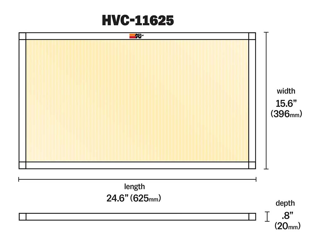 K&N Air Filter, 24.6 in Length x 15.6 in Width x 1 in Width - HVC-11625