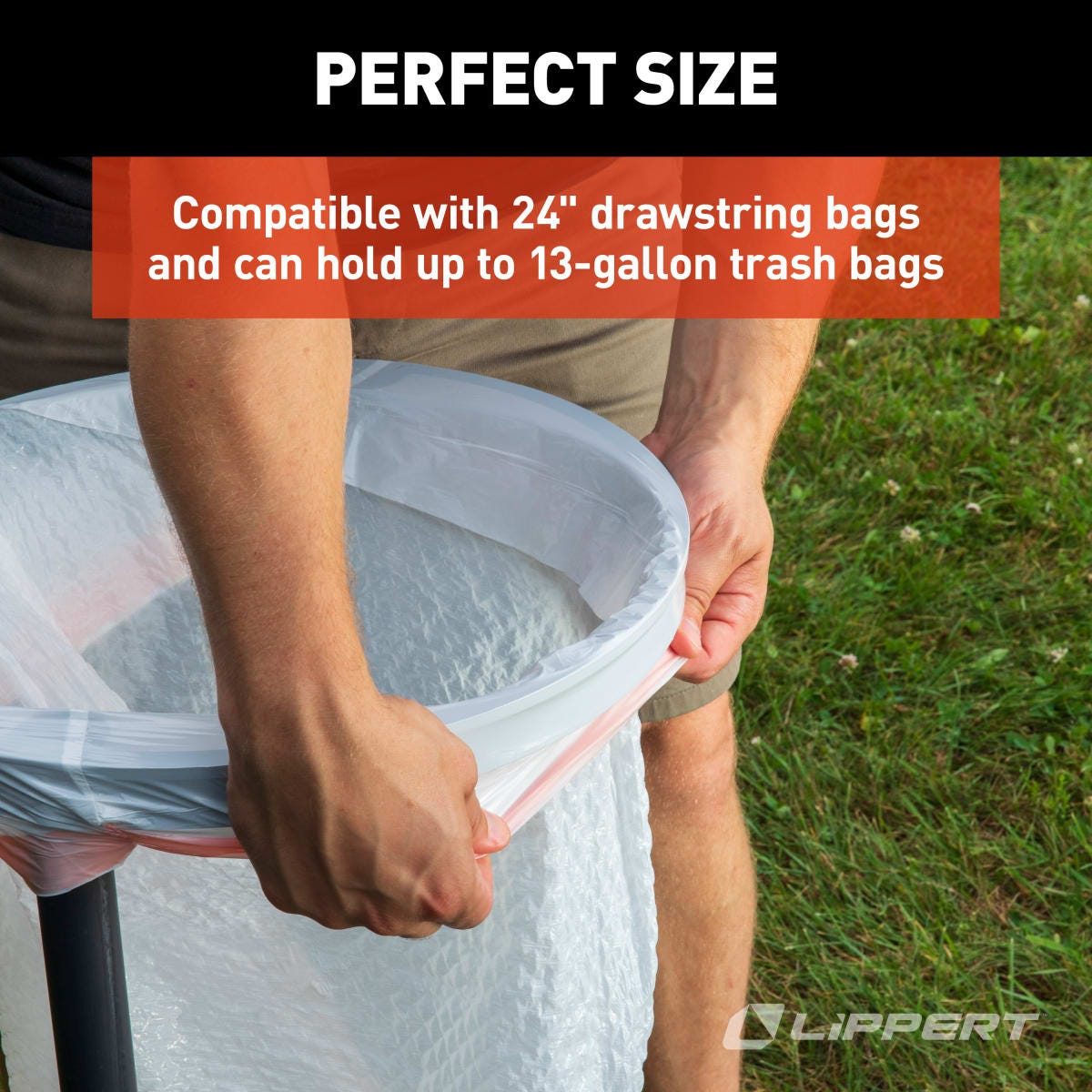 Lippert Trash Bag Holder, Holds 13 gal Kitchen Bags With 24 in Diameter Drawstring, 17-1/4 in Length x 17-1/4 in Width x 31 in Height - 2022105716