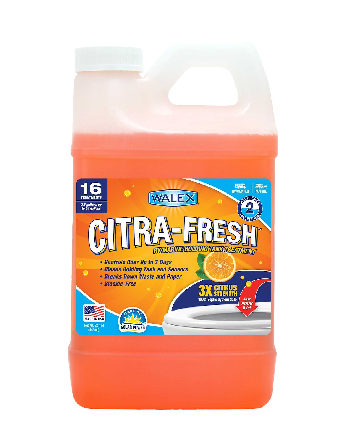 Walex Waste Holding Tank Treatment, 2 oz Treats Up To 40 gal, 32 oz Jug - CITRAFR32