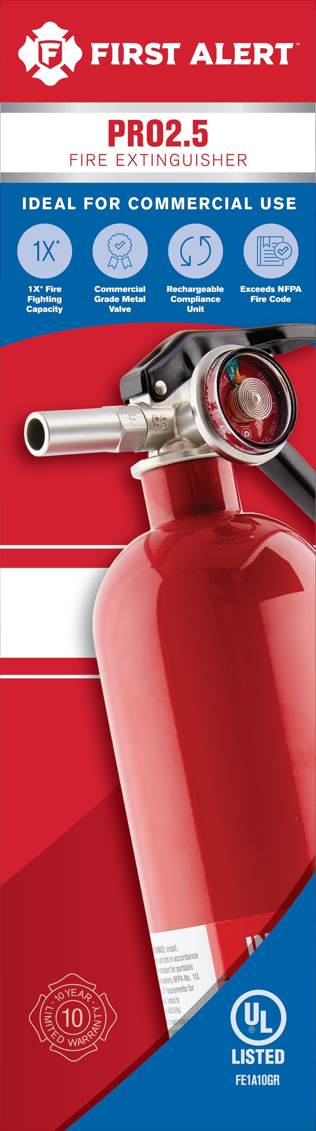 BRK Electronics Fire Extinguisher, UL Rated 1-A:10-B:C, 2.5 lb Bottle, Steel - PRO2-5