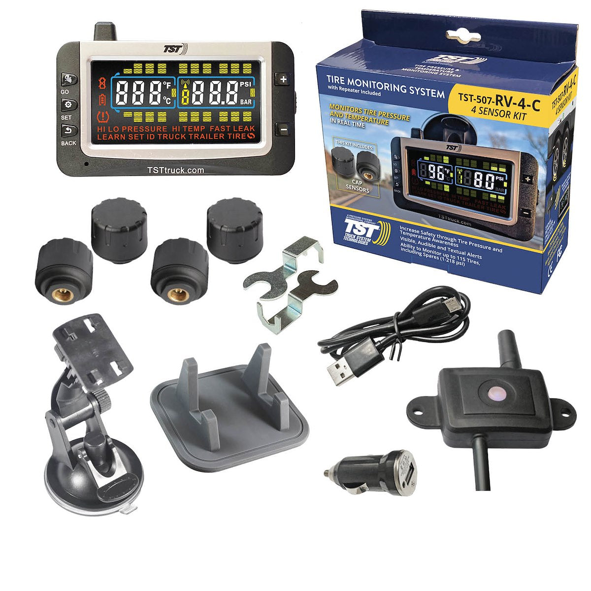Truck System Technology Tire Pressure Monitoring System - TPMS, 507 Series, 4 Cap Sensors, 3-1/2 in TST Wide Screen Color Display - TST-507-RV-4-C