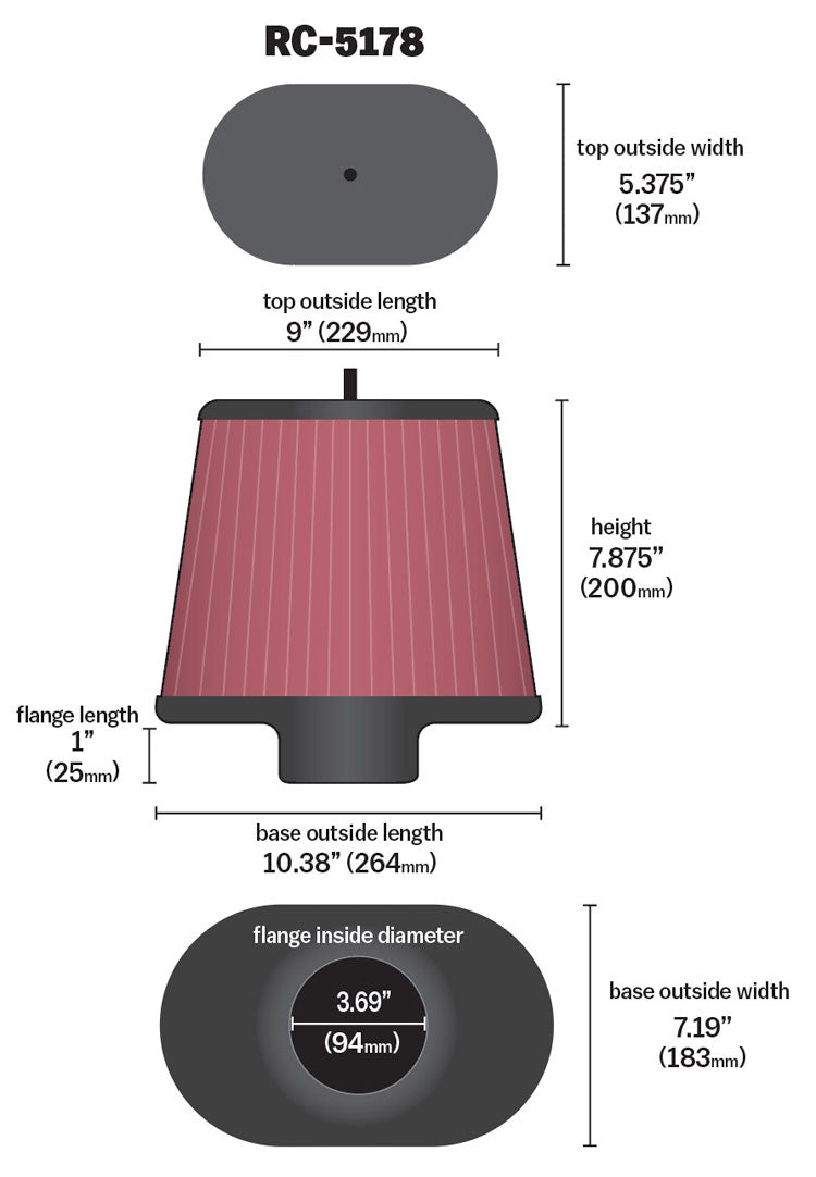 K&N Air Filter, Red, Oval Tapered, 3.688 in Flange Inside Diameter x 1 in Flange Length - RC-5178