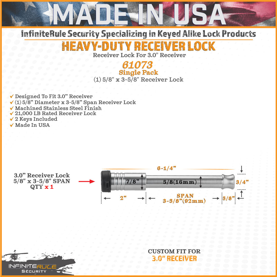 InfiniteRule Trailer Hitch Pin, For Use With 3 in Receiver, 5/8 in Diameter, 3-5/8 in Length Span Receiver Lock - 61073-S