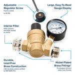 Camco Fresh Water Pressure Regulator, Adjustable/Factory Preset To 45 PSI, Brass - 40058