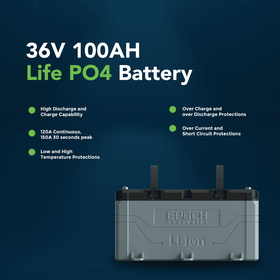 Epoch Battery, 36 V, M8 Threaded Stud Top Terminal, Lithium Iron Phosphate Style (LiFePO4) - B36100A-A