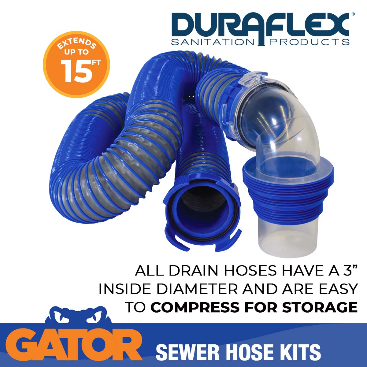 Duraflex Sewer Hose, 15 ft Extended Length, 57 in Compressed Length, 3 in Diameter - 22005