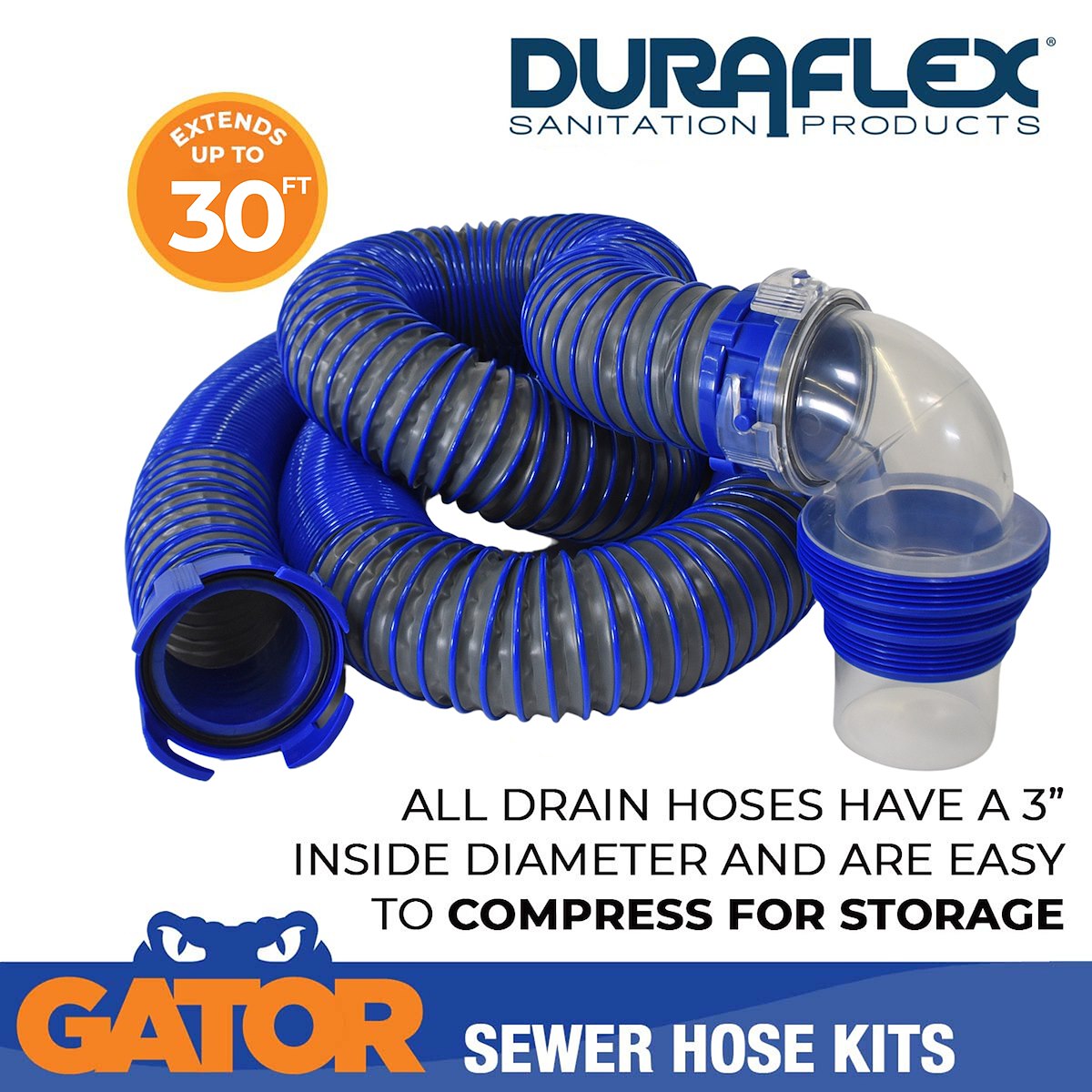Duraflex Sewer Hose, 30 ft Extended Length, 114 in Compressed Length, 3 in Hose Diameter - 22008
