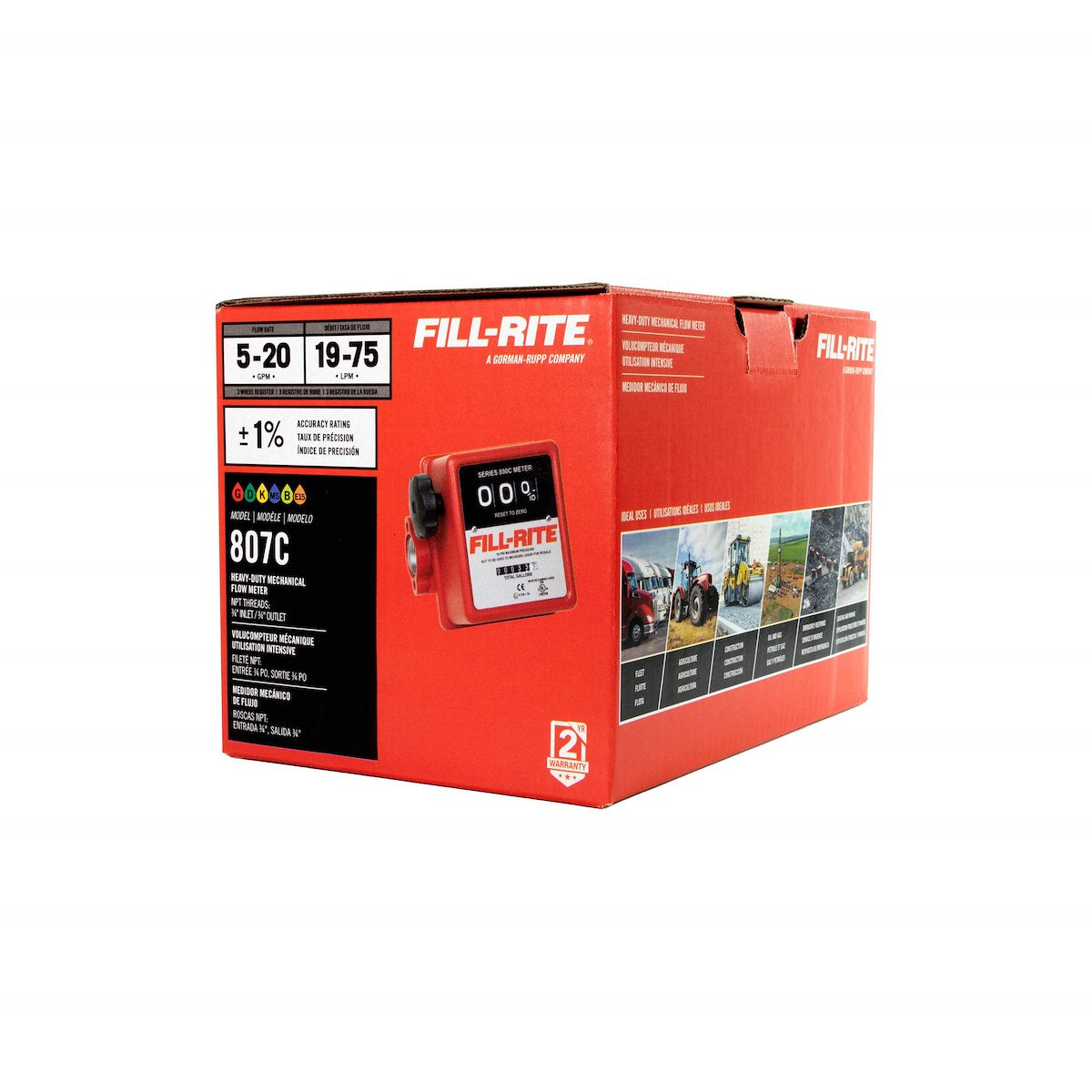 Fill-Rite Flow Meter, Use With Gasoline/Diesel/E15/Kerosene/B20 And Mineral Spirits, 5 To 20 GPM Flow, 3/4 in NPT Inlet And 3/4 in NPT Outlet - 807C