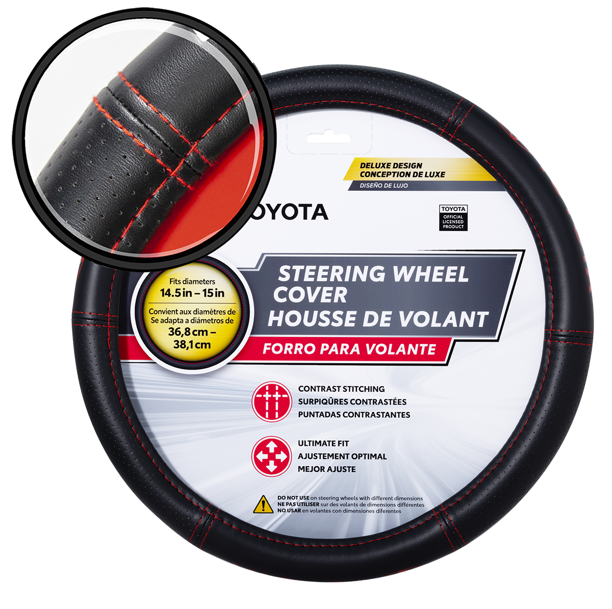 Plasticolor Steering Wheel Cover, For 14-1/2 To 15 in Wheels, Toyota Ellipes Logo And Red Contrast Stitching, Black - 006498R01