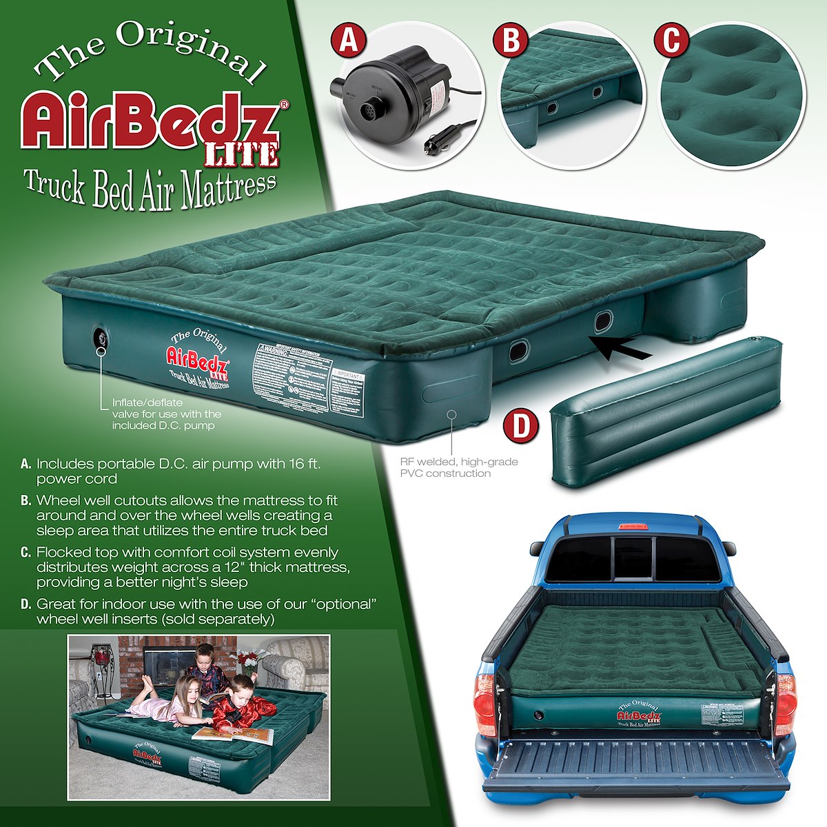 AirBedz by Pittman Outdoors Truck Bed Air Mattress, 72 in Length X 55 in Width X 12 in Height Inflated - PPI-PV203C