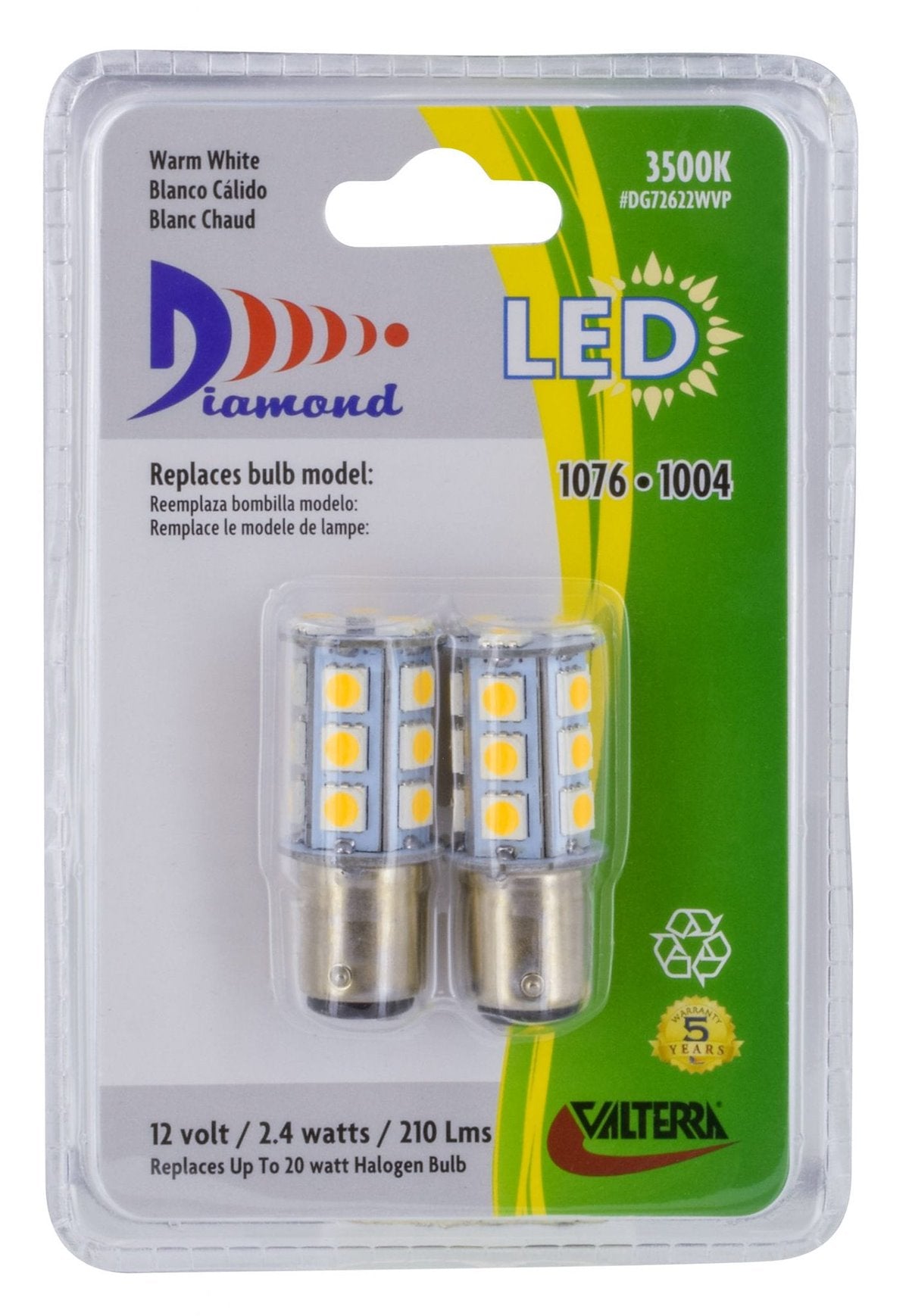 Valterra Multi Purpose Light Bulb - LED, Replacement For 1004/1076 Bulbs, LED Tower Bulb, Warm/Soft White, Pack Of 2 - DG72622WVP