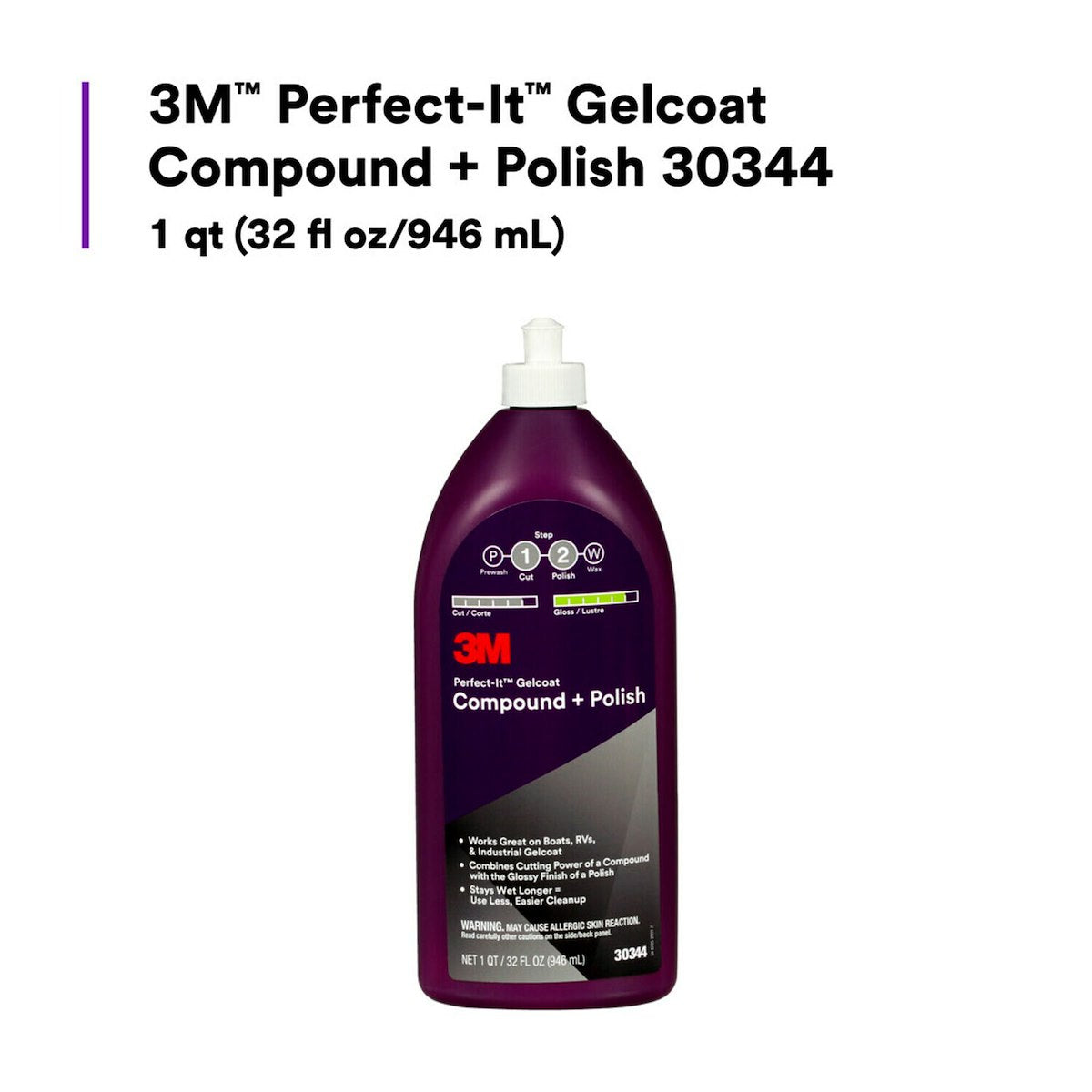 3M Marine Wax, Removes P1000 And Finer Scratches On Gelcoat/Restores High Gloss, 32 oz Bottle - 30344