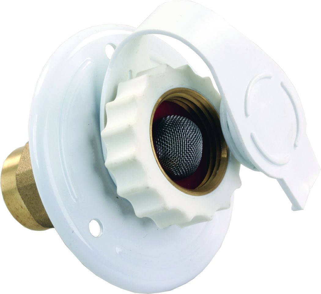 JR Products Fresh Water Inlet, 1/2 in Female Pipe Thread (FPT) x 3/4 in Hose Fitting, For 1-1/2 in Cutout, 2-7/8 in Diameter Outside Dimension - 62155