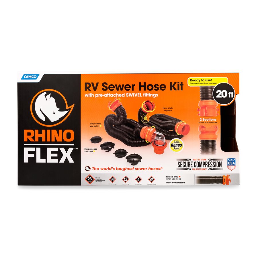 Camco Sewer Hose, 20 ft Extended Length, 3 in Diameter, 23 Mil Polyolefin Reinforced With Steel Wire - 39741