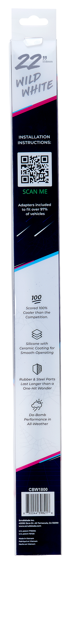 Scrubblade Windshield Wiper Blade, 22 in Length, Wild White, Ceramic Coated Silicone Blade - CBW2200