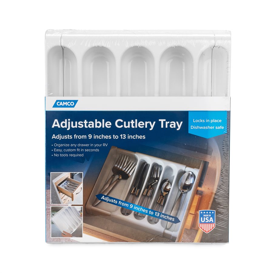Camco Cutlery Tray, Adjustable From 9 in To 13 in Width x 1-3/4 in Height, With 5 Compartments, White - 43503