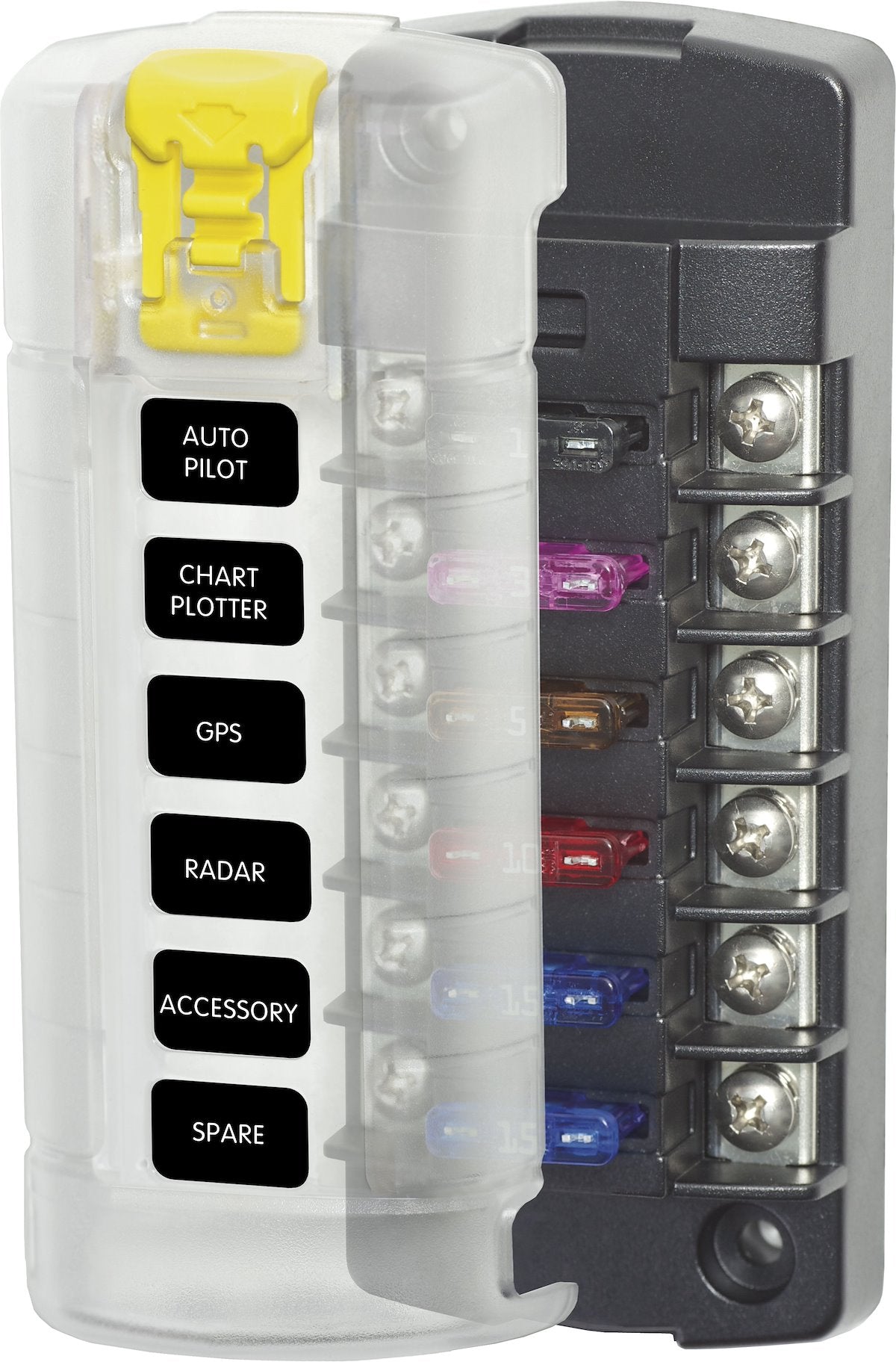 Blue Sea Fuse Block, 32 V DC, 30 amp Per Circuit/40 amp Per Jumped Circuit Group, With 6 Circuits/Protective Cover - 5035-BSS