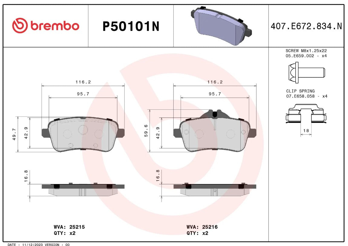Brembo Brake Pad, FMSI Number D1630-8880, Ceramic, Set Of 4 - P50101N