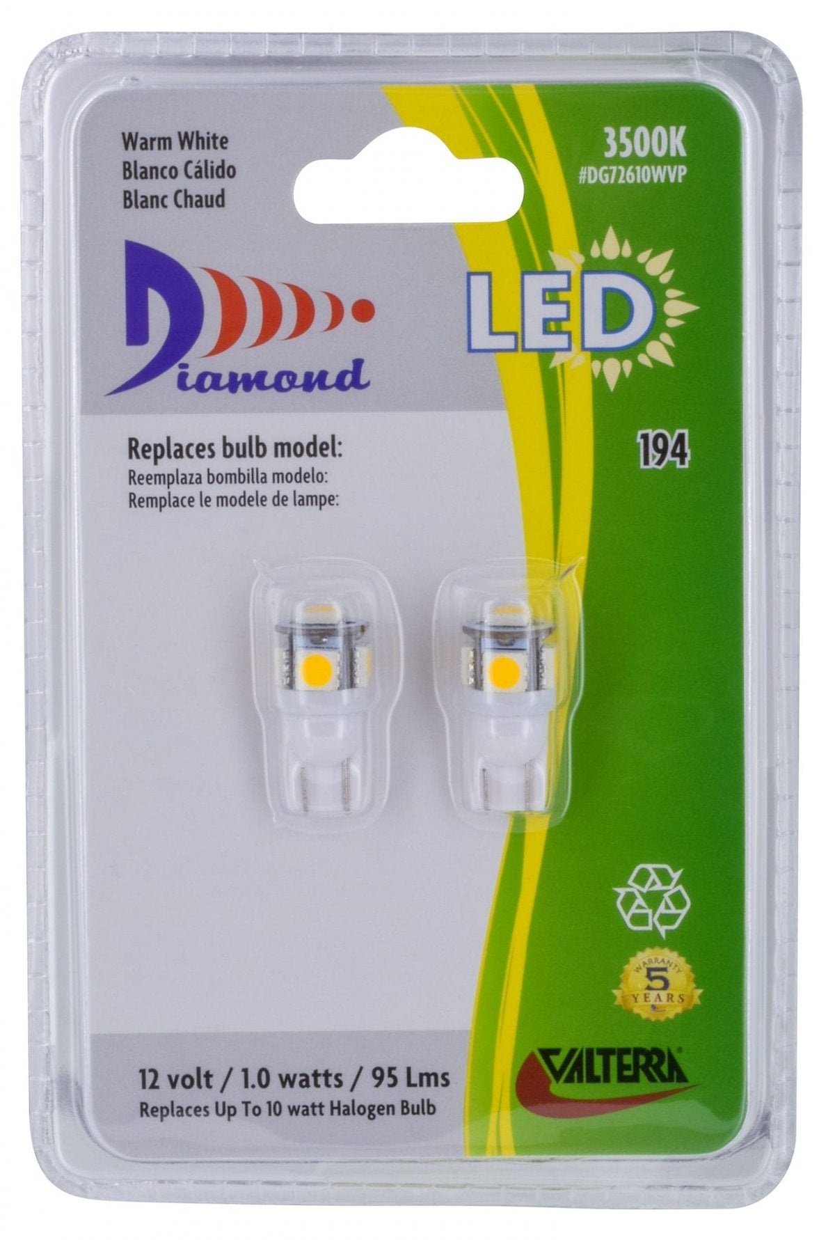 Valterra Multi Purpose Light Bulb - LED, Replacement For 194 Bulbs, LED Tower Bulb, Warm/Soft White, Pack Of 2 - DG72610WVP