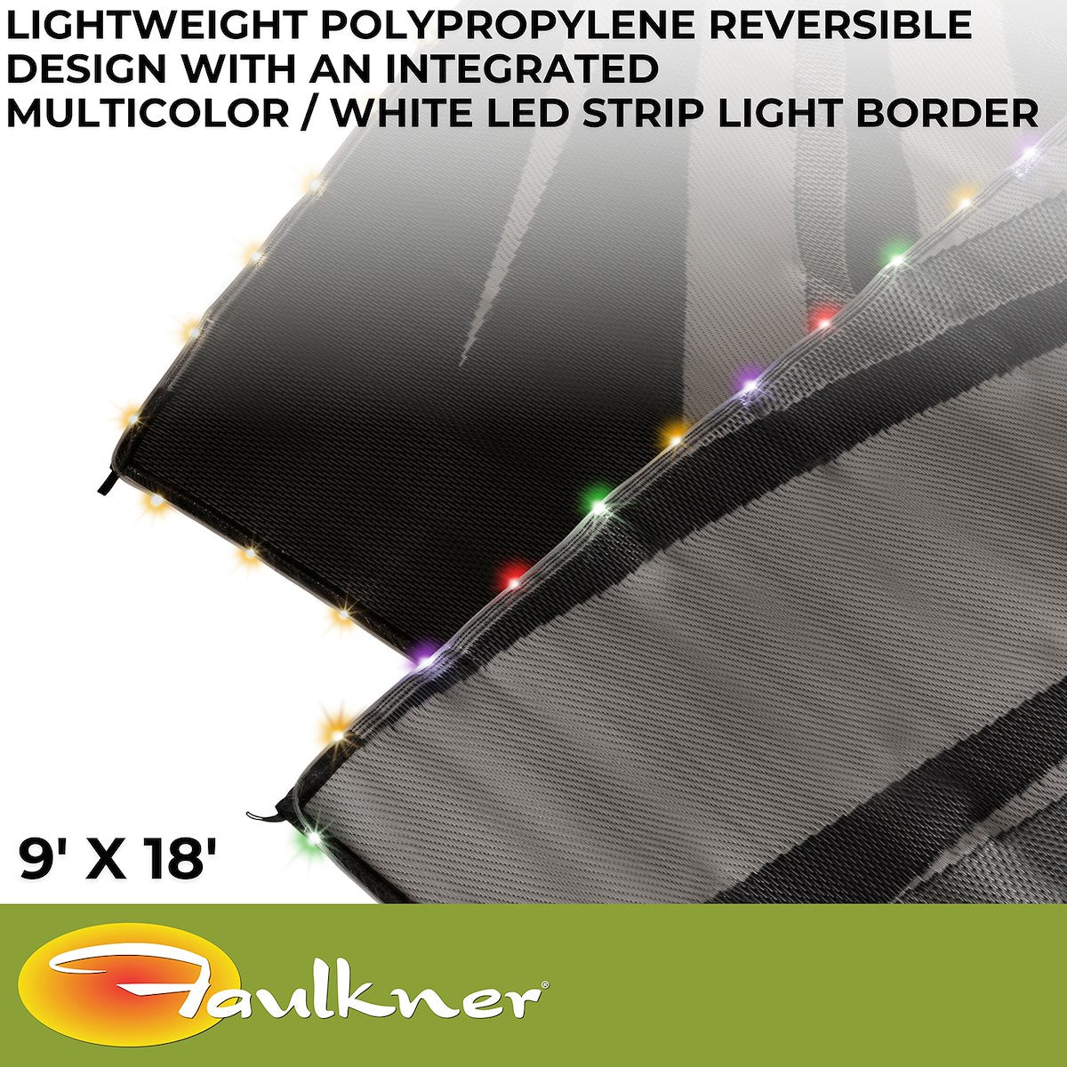 Faulkner Patio Mat, 18 ft Length x 9 ft Width, Reversible Black/Gray Fabric, Solar Powered Multicolor Or White LED Lights - 53025
