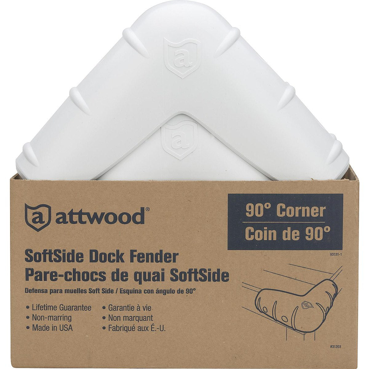Attwood Marine Dock Edge, 11-3/4 in Length x 11-3/4 in Width x 4-1/2 in Height, White, Four 5/16 in Holes Pattern Mounting - 93531-1