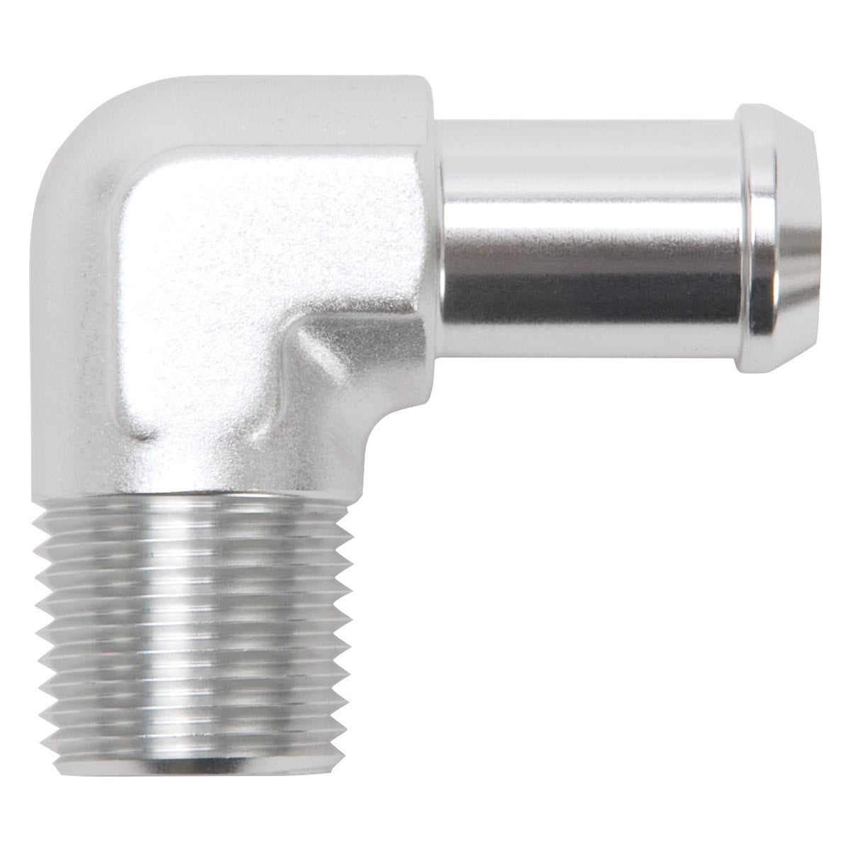 Edelbrock Adapter Fitting, 1/2 in NPT To 5/8 in Barb, 90 degree, Aluminum - 8179