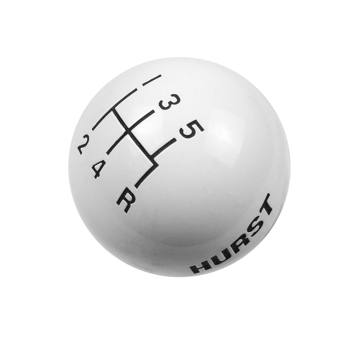Hurst Manual Trans Shifter Knob, SAE 3/8-16, Round With 5 Speed Pattern/Hurst Logo, White - 1630025