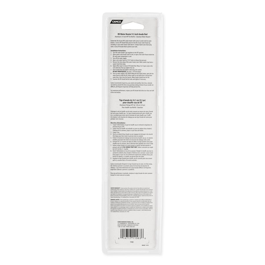 Camco Water Heater Anode Rod, 9-1/2 in Length x 5/8 in Diameter x 3/4 in NPT, Aluminum - 11563