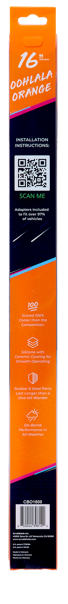 Scrubblade Windshield Wiper Blade, 16 in Length, Ceramic Coated Silicone Blade - CBO1600