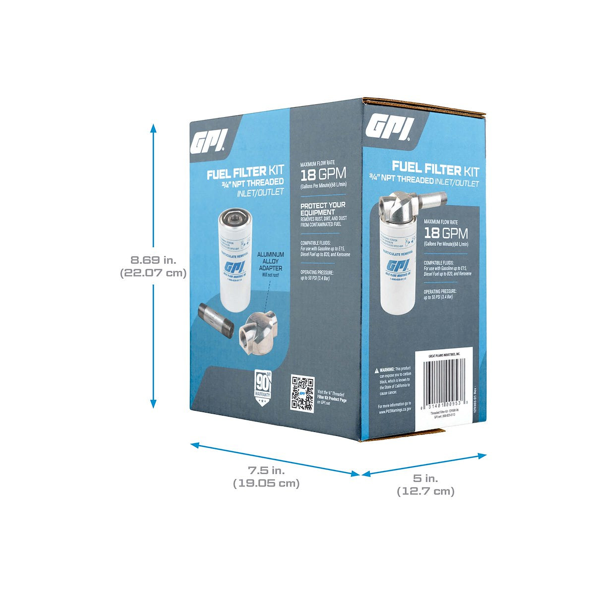 GPI Fuel Filter, 3/4 in Inlet/Outlet, 10 Micron, White - 129500-06