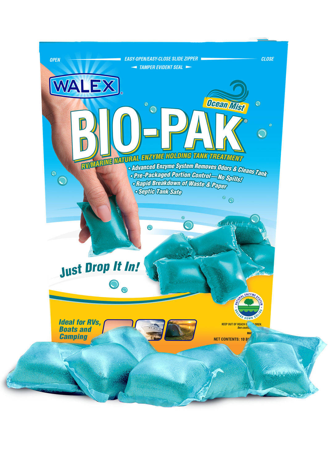 Walex Waste Holding Tank Treatment, Treats Up To 50 gal Holding Tank, 32 Gram Drop-In Individual Dose Pouches, Bag Of 10 Treatments - BIOOCEANBG