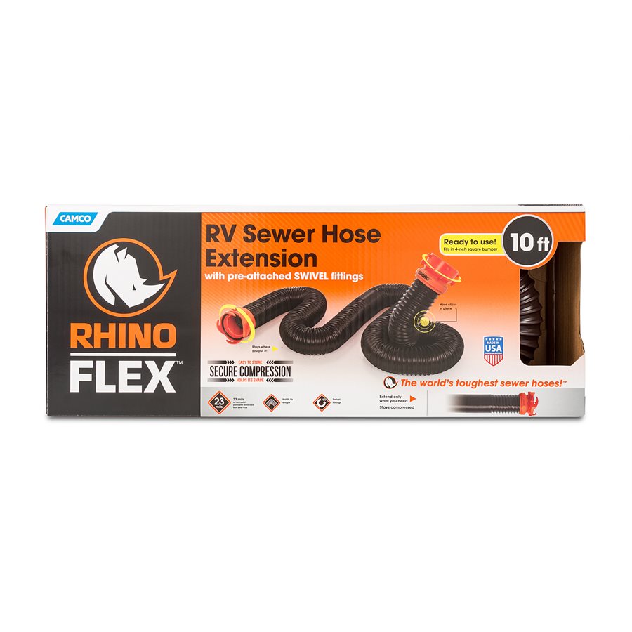 Camco Sewer Hose, 10 ft Extended Length, 3 in Diameter, 23 Mil Polyolefin Reinforced With Steel Wire - 39764