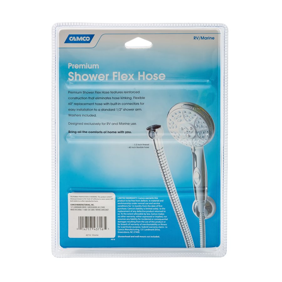 Camco Shower Head Hose, 60 in Length, Fits Standard 1/2 in Shower Arm, Chrome - 43716