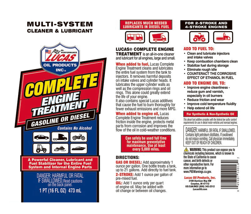 Lucas Oil Fuel Additive, Treats Up To 21 gal, 16 oz Aerosol Can - 10016