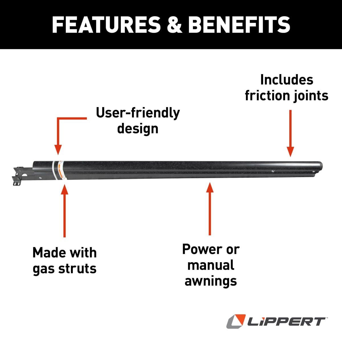Lippert Awning Arm, 69 in Length From Awning Rail Down, Black - 281154