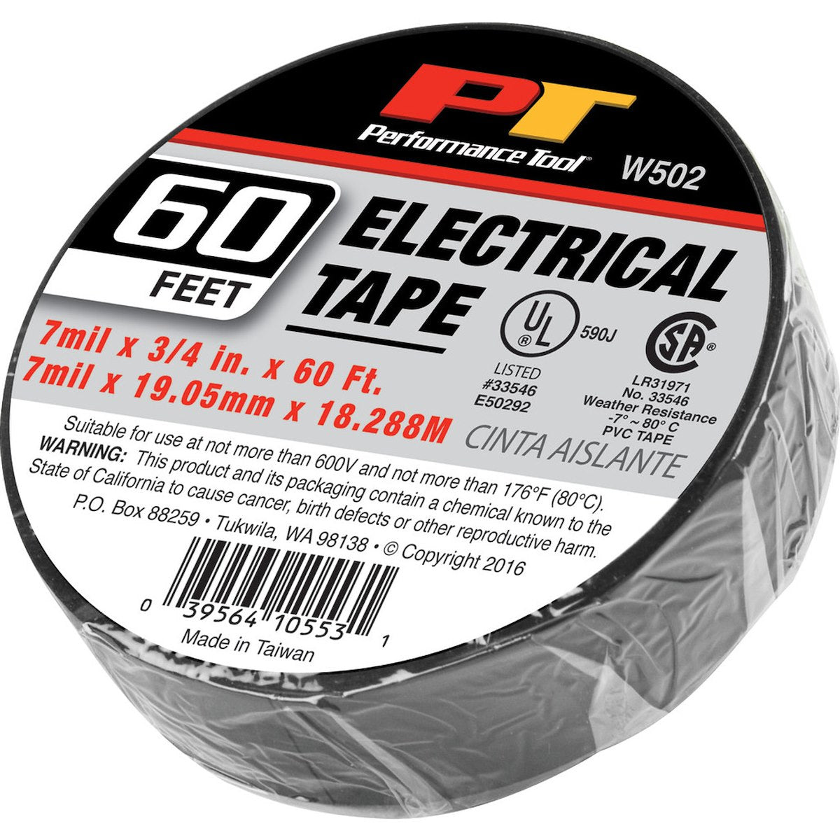 Performance Tool Electrical Tape, 3/4 in Width x 60 ft Length, Black - W502