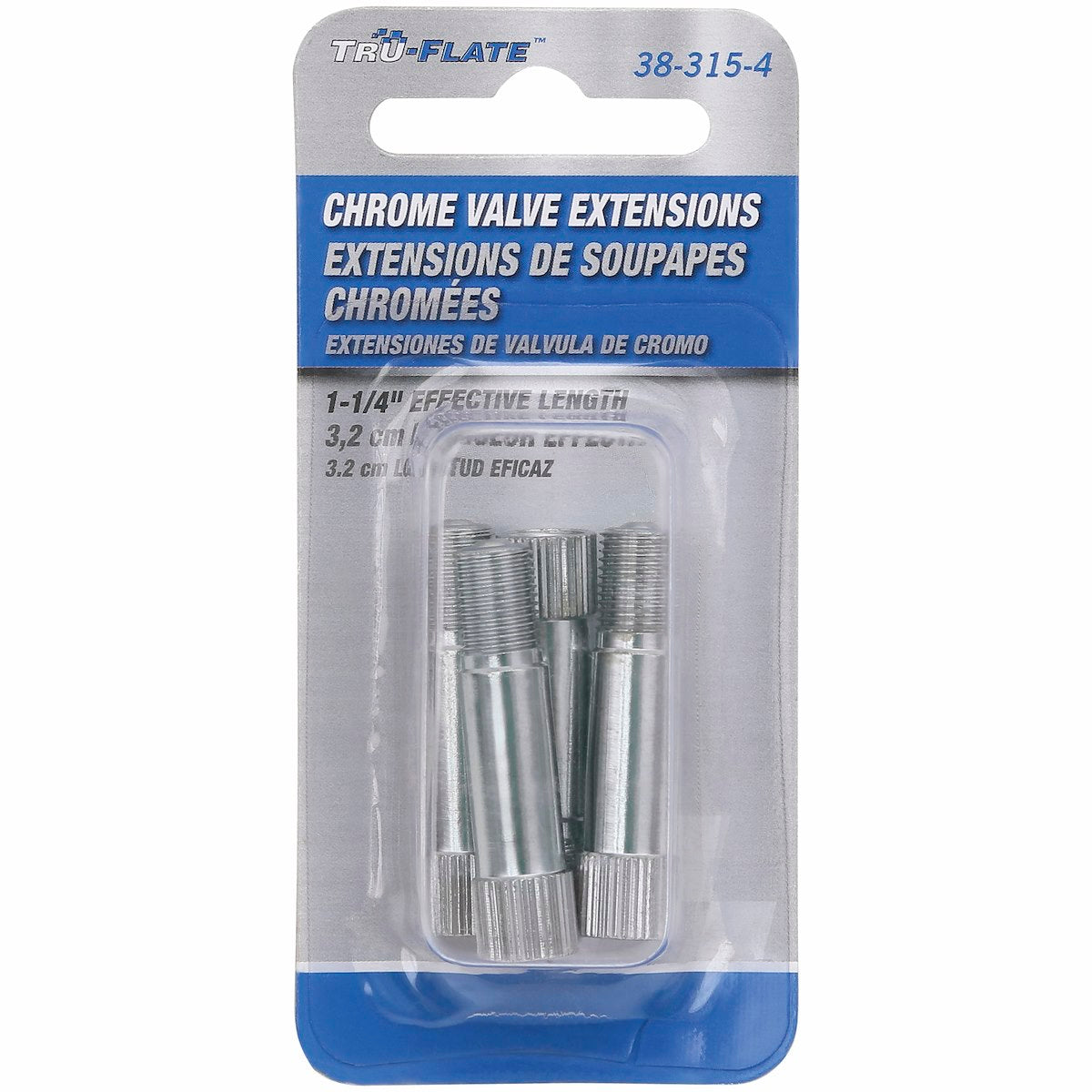 Tru Flate Valve Stem Extension, 1-1/4 in Length, Chrome Plated, Brass, Pack Of 4 - 38-315-4