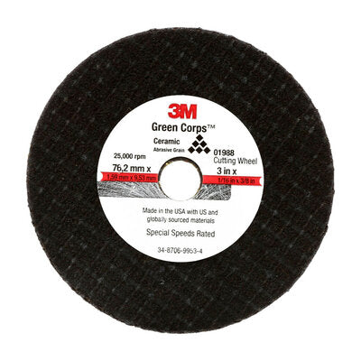 3M Cut Off Wheel, 3 in Diameter, 1/16 in Thickness, 3/8 in Arbor Size - 01988