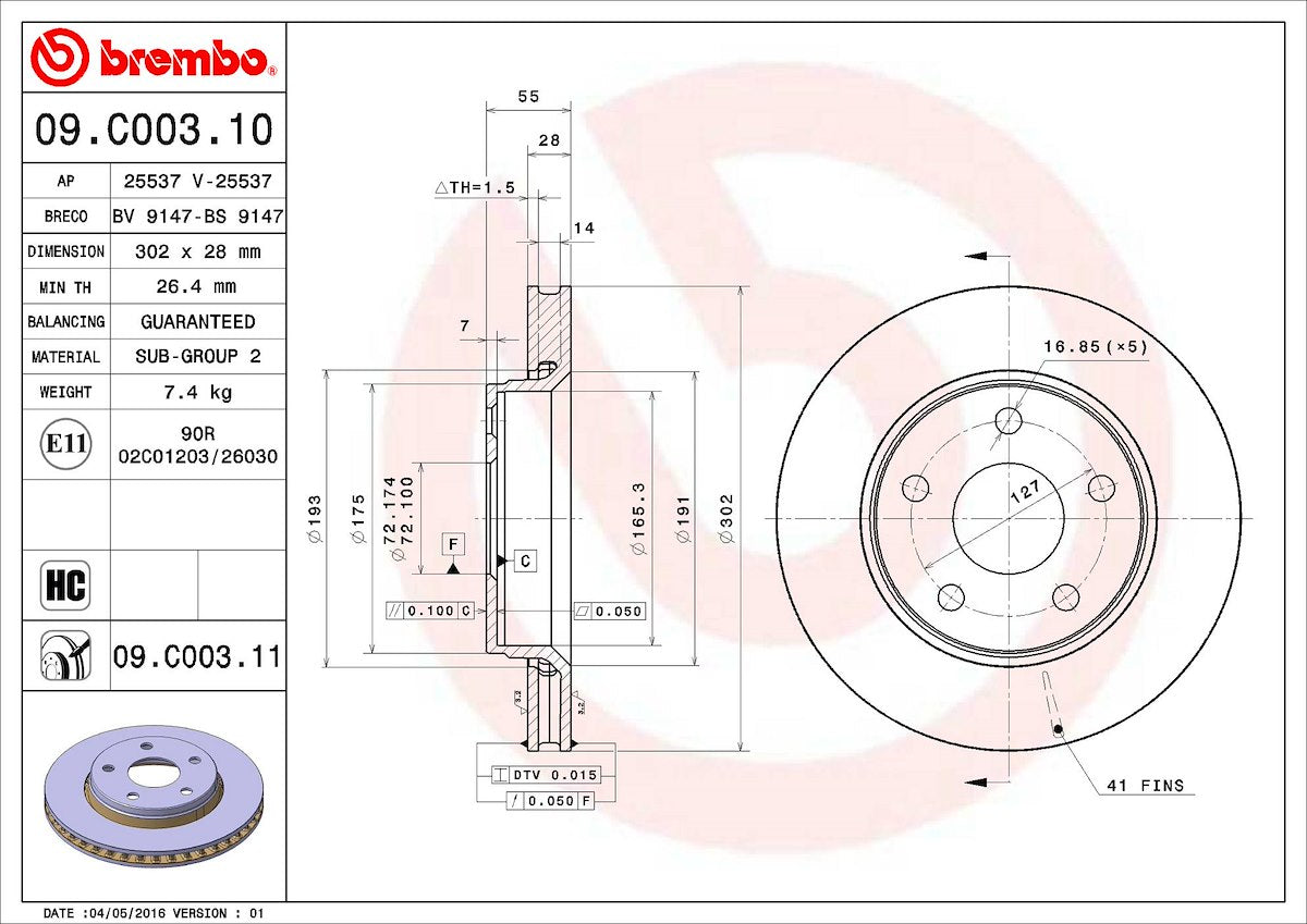Brembo Brake Rotors 09C00311C02 product image 3